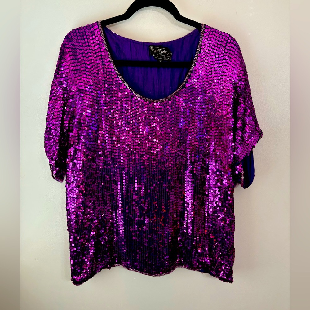 Vintage Royal Feelings 100% Silk Purple Sequin Women's Top Size 1X
